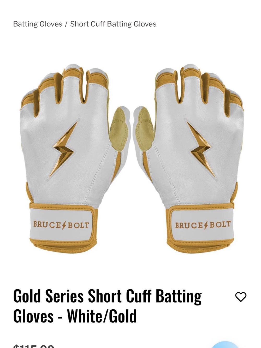 Bruce Bolt Gold Series Short Cuff Batting Gloves - White/Gold